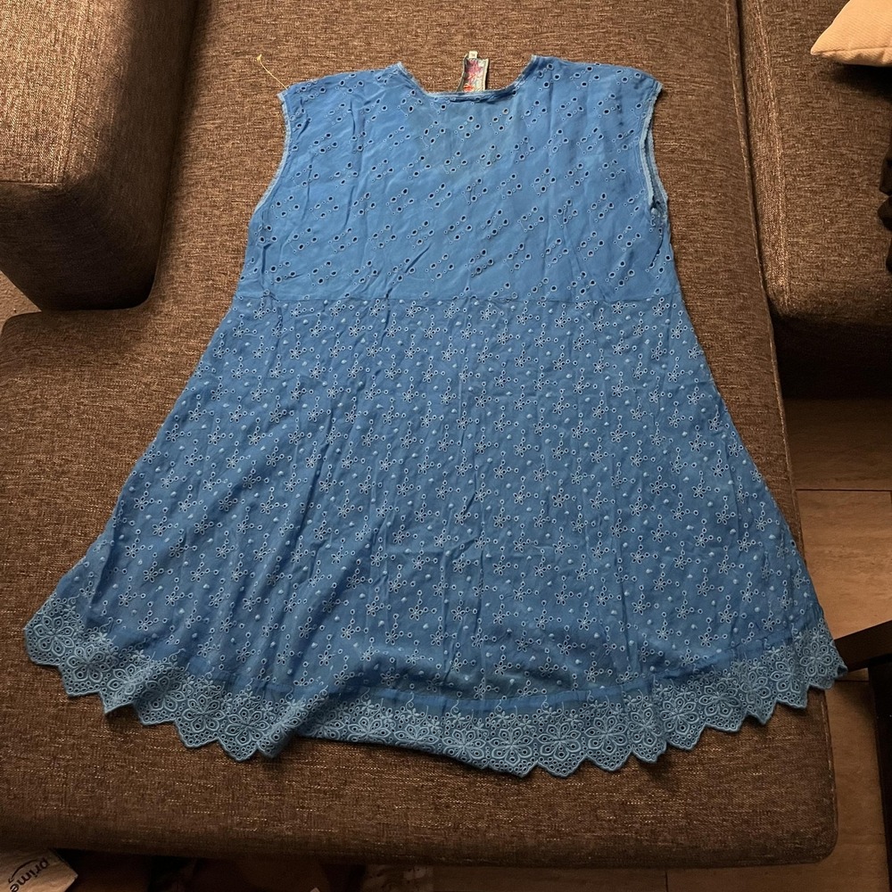 Johnny Was Dress Womens XL Blue Embroidered Eyelet Lace Trapeze Tank Knee Length - Picture 3 of 9